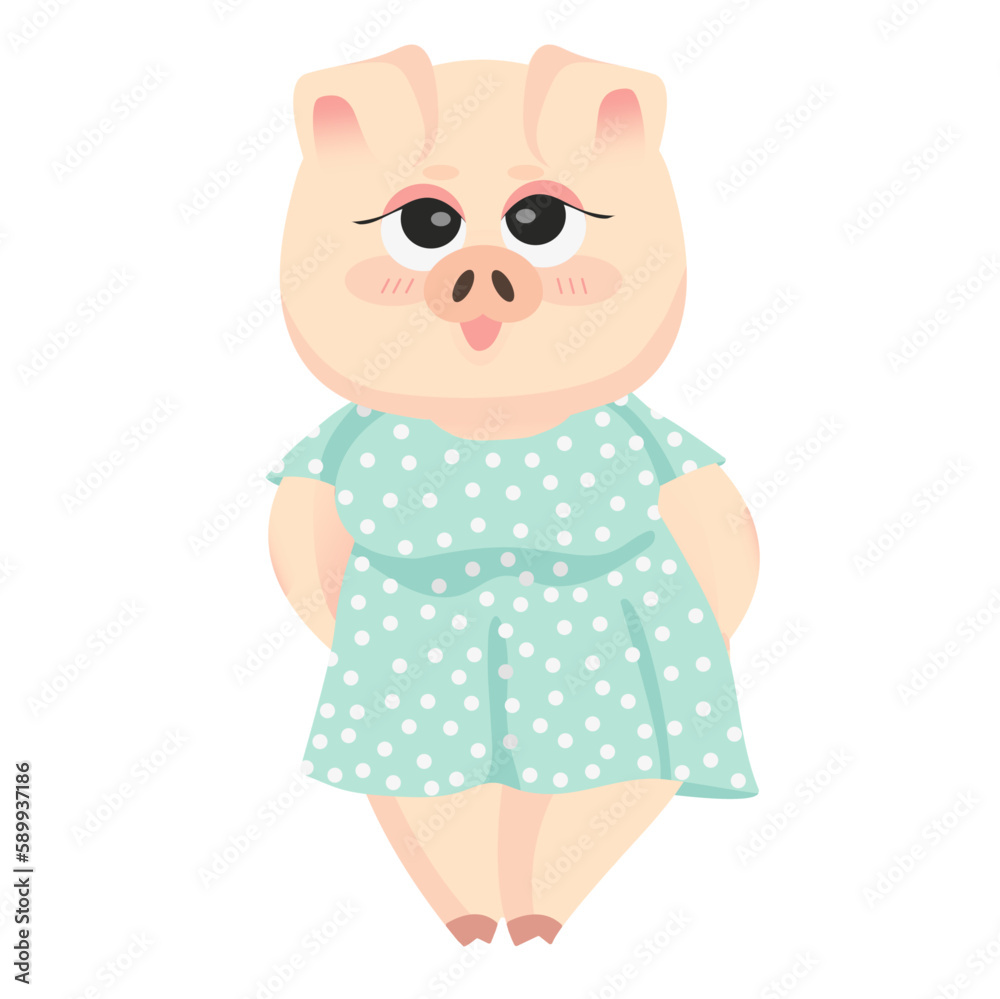 Character for children's books and postcards pink pig Monica in a dress with polka dots Character for children's books and postcards pink pig Monica in a dress with polka dots