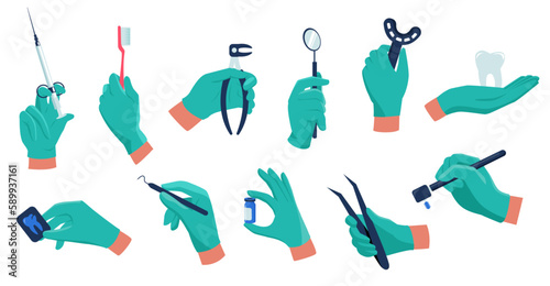 Dentist hands. Sterile medical rubber gloves holding dental therapeutic tools cartoon flat style, healthcare oral care treatment concept. Vector set