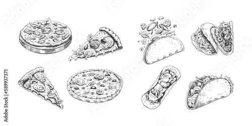 Hand-drawn sketch of pizza and tacos set. Different types of pizza and taco.  Vintage illustration. Element for the design of labels, packaging and postcards
