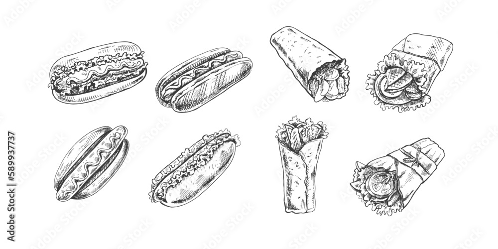 Hot dogs and burritos set. Hand drawn sketch of different hot dogs and  and burritos. Fast food retro vector illustrations collection isolated on white background. Vintage illustration. 