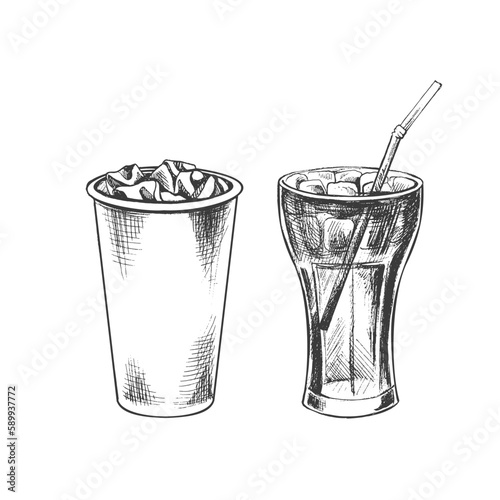 Hand-drawn sketch of  cola  glasses  with ice  isolated on white background. Fast food vintage illustration. Element for the design of labels, packaging and postcards.