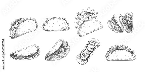 Hand-drawn sketch of burritos and tacos set. Different types of burritos and tacos.  Vintage illustration. Element for the design of labels, packaging and postcards.