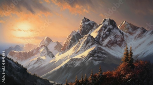 Galeprime's Golden Hour: Acrylic Painting of Snowy Mountain Range