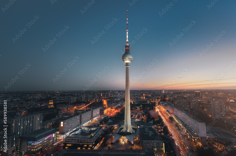 Fototapeta premium Aerial view of Berlin with Berlin Television Tower (Fernsehturm) at night - Berlin, Germany