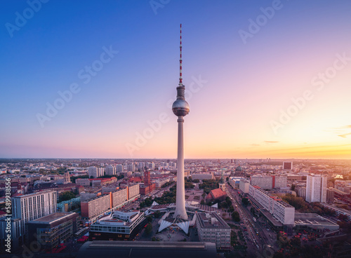 Aerial view of Berlin with Berlin Television Tower  Fernsehturm  at sunset - Berlin  Germany