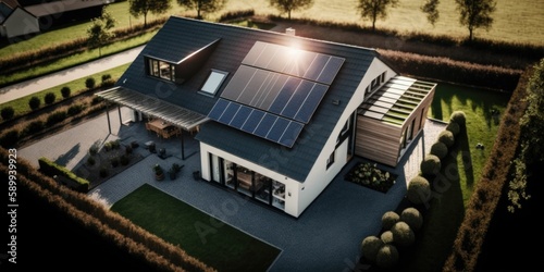 Aerial View of House with Solar Panels on Roof: Harnessing the Power of the Sun for Sustainable Living