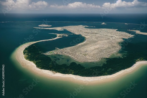 Aerial View of Oriental Island on the Sea: A Serene Paradise Amidst the Blue Waters