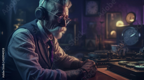 old dj in retro headphones in a sound recording studio, vintage man in the room, grandfather broadcasts radio. Generative AI.