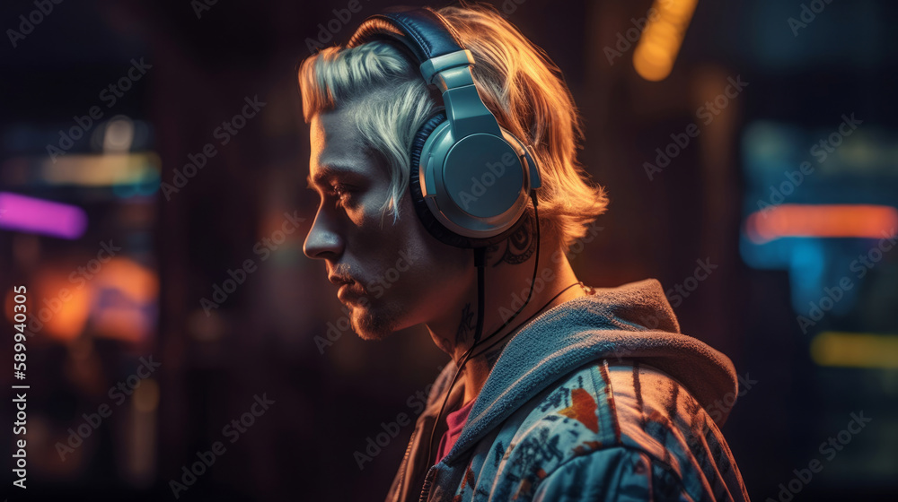 portrait of a handsome young guy in trendy headphones, a tattooed man of an athletic build listens to music in a neon club. Generative AI. portrait of a handsome young guy in trendy headphones, a tattooed man of an athletic build listens to music in a neon club. Generative AI.