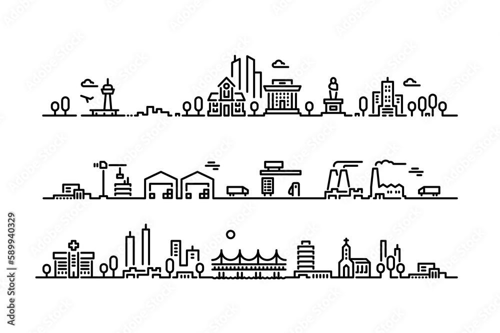 Line city panorama. Urban street plan with skyscrapers town buildings and real estate property, city landscape with high-rise constructions. Vector linear illustration