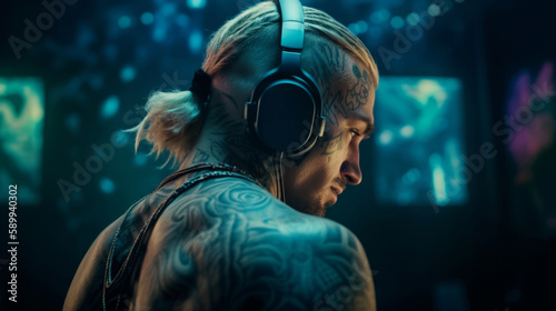 portrait of a handsome young guy in trendy headphones, a tattooed man of an athletic build listens to music in a neon club. Generative AI.