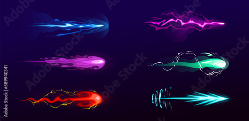 Vector cartoon illustration set of blasters laser or plasmic beams, cosmic shoots, objects for the game sooting, cartoon illustration set, color smoke 