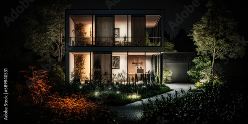 Modern House with Lush Garden Illuminated by Nighttime Ambiance Captured with Hasselblad and Fuji Cameras