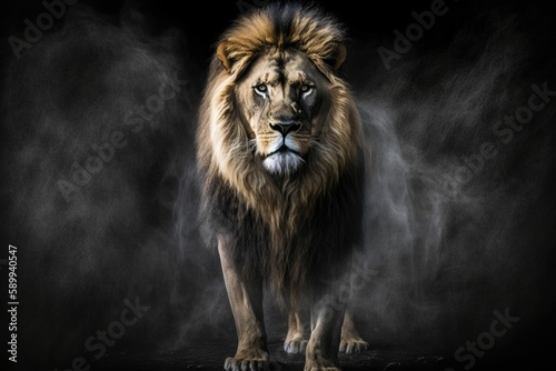 Lion in the Mist: A Captivating Photo with a Mysterious Black Background, Shot with Hasselblad Fujifilm Camera
