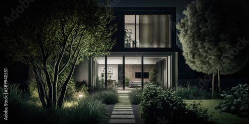 Modern House with Lush Garden Illuminated by Nighttime Ambiance