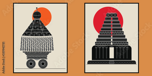 Set of two minimal style south indian temple and chariot poster for print, cover, wallpaper, template. Home decor of the walls. floral ornament and geometric shapes design background.