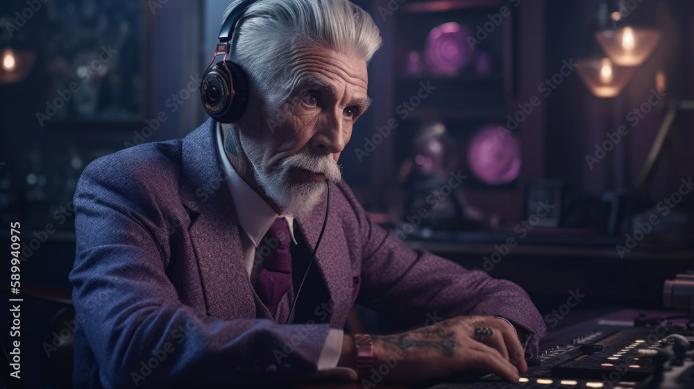 old dj in retro headphones in a sound recording studio, vintage man in the room, grandfather broadcasts radio. Generative AI. old dj in retro headphones in a sound recording studio, vintage man in the room, grandfather broadcasts radio. Generative AI.
