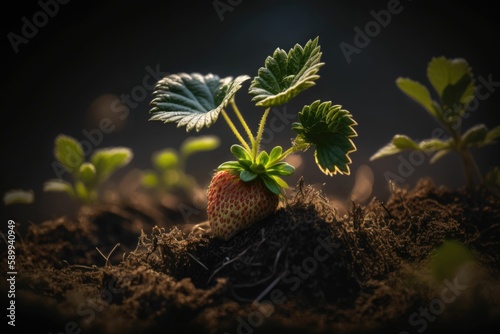 Small Strawberry Plant Emerges from Lush Green Grass