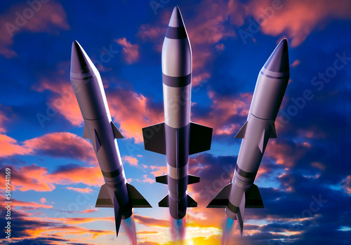 Ballistic missiles fly in sky. Rockets with nuclear warhead. Concept of intercontinental weapons. Hypersonic missiles at sunset. Metaphor for start of nuclear war. Rocket weapons. 3d image