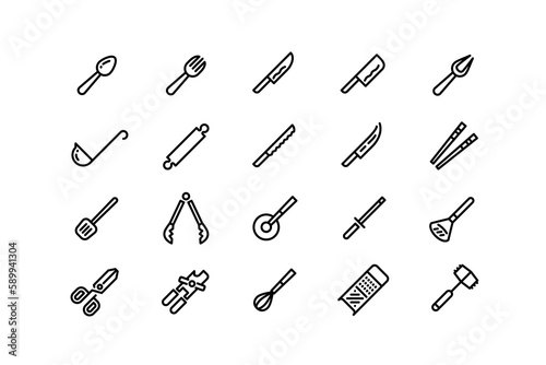 Kitchen utensils line icons. Spoon knives grater canning and pizza roll knife outline symbols, hammer for pounding meat. Vector cooking accessories set editable stroke