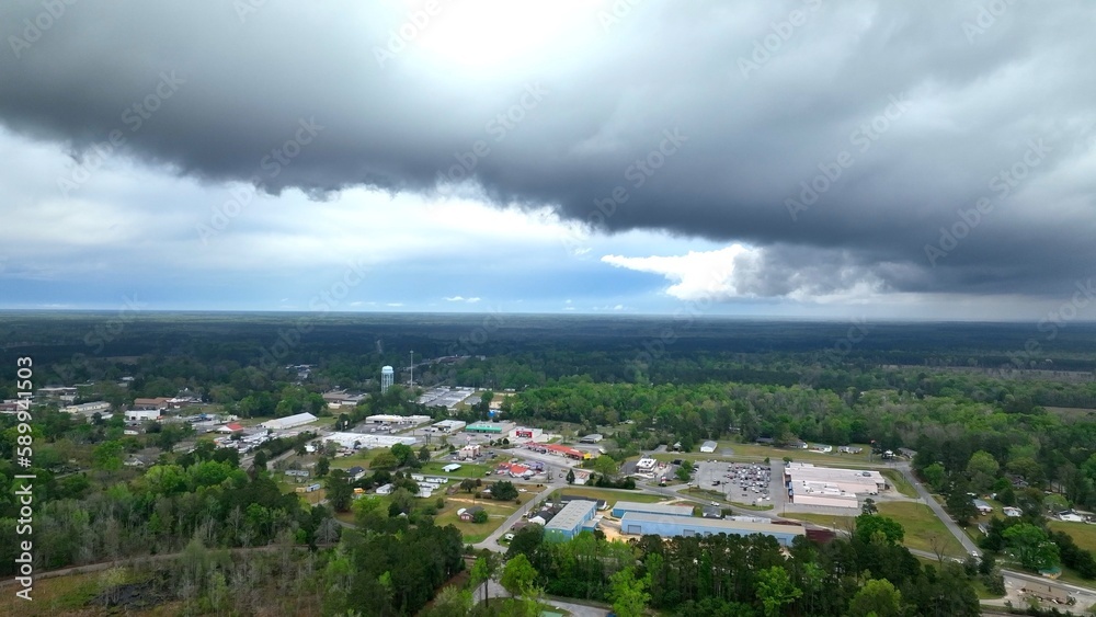 Grey storm clouds caused by extreme weather over rural countryside in South Carolina
