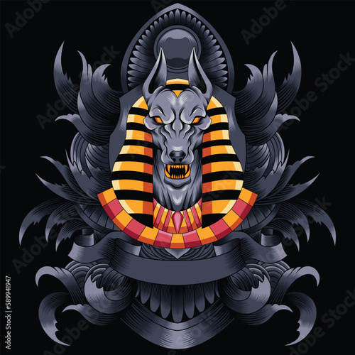 anubis illustration with baroque ornament