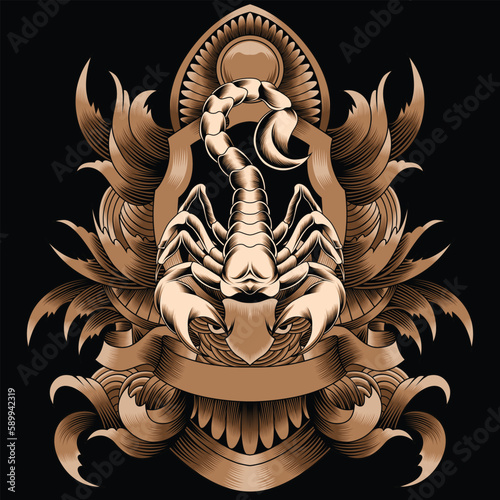 scorpion illustration with baroque ornament