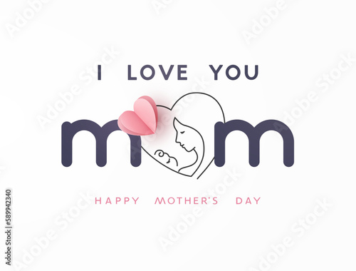 Mother's day greeting card. Vector banner I love you mum with pink paper heart. Symbol of love mom and child on white background