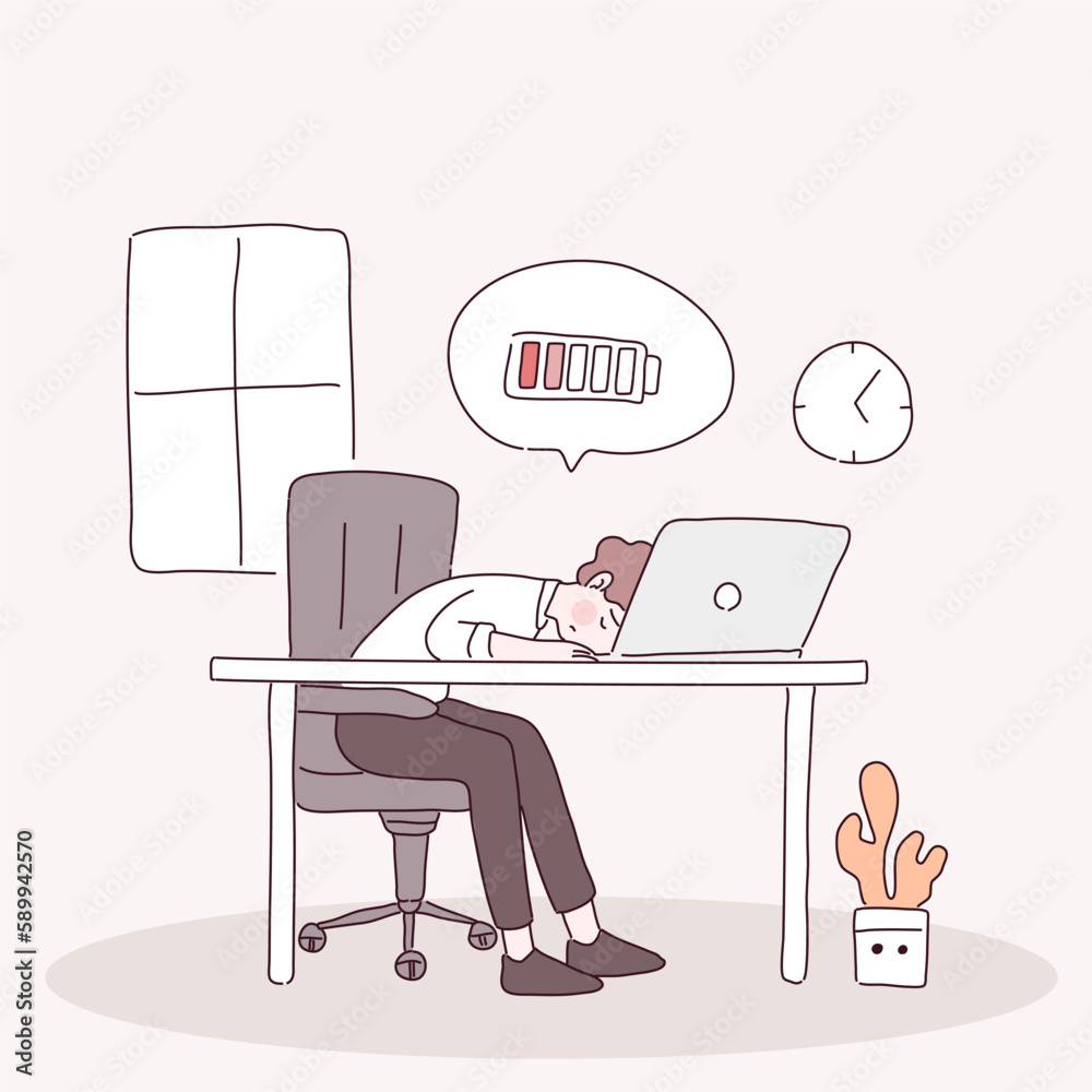 Fototapeta premium Tired men office worker sitting on the chair, battery energy low charge and fatigue or exhausted