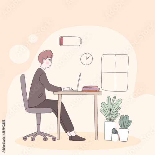 Tired men office worker sitting on the chair, battery energy low charge and fatigue or exhausted