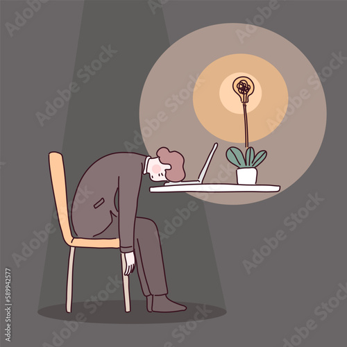 Tired men office worker sitting on the chair, battery energy low charge and fatigue or exhausted