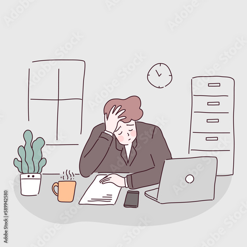 Tired men office worker sitting on the chair, battery energy low charge and fatigue or exhausted