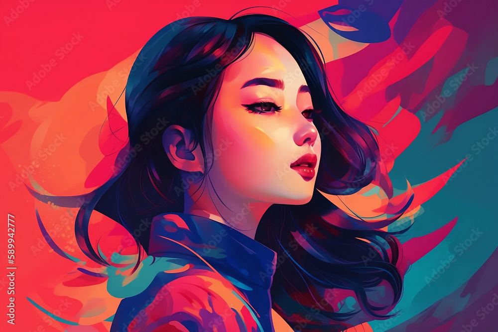 Illustration of Celestial Beauty black hair Woman with abstract colorful foliage background, generative ai Illustration of Celestial Beauty black hair Woman with abstract colorful foliage background, generative ai
