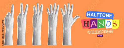 Set of halftone hands. Vector illustration with gestures of hands with halftone effects for decoration of retro banners and vintage postres. Collection of collage elements.