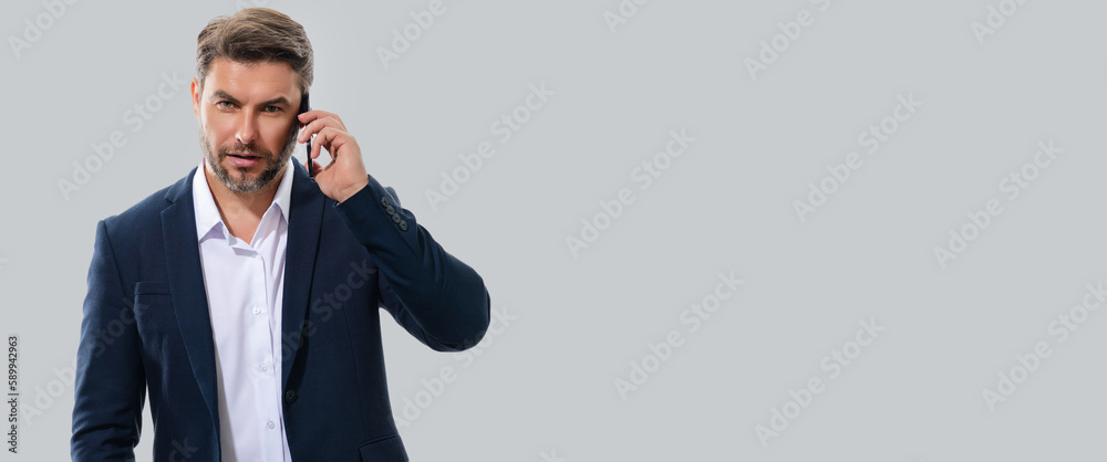 Banner of man in suit using mobile smart phone. Banner for header, copy space. Poster for web design. Banner of man in suit using mobile smart phone. Banner for header, copy space. Poster for web design.