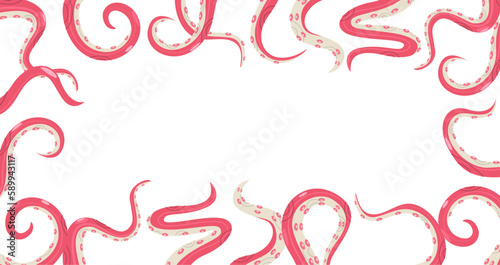Octopus tentacles framing. Sinister squi kraken and octopus arms in the depths banner mockup. Vector border with curly arms