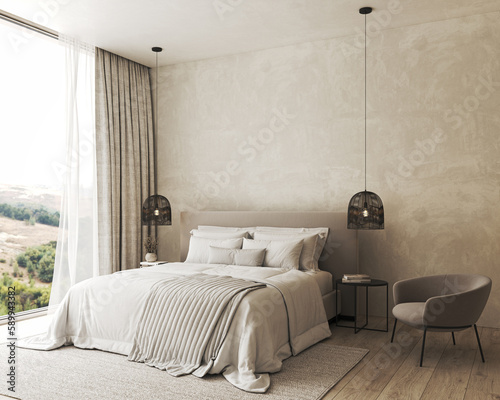 Bedroom interior mockup in boho style with fringed blanket, pillows, white bedding, dried pampas grass, basket lamp and curtain. 3d rendering. High quality 3d illustration