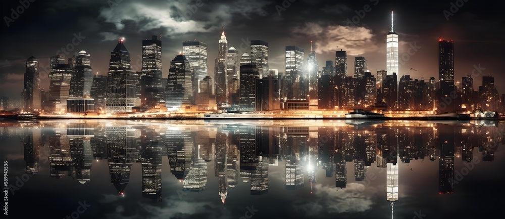night the new york city skyline with lights in reflection
