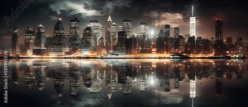 night the new york city skyline with lights in reflection