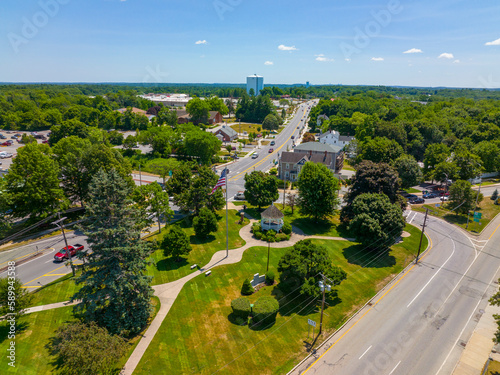 Billerica town common and Boston Road aerial view in summer in historic town center of Billerica  Massachusetts MA  USA. 