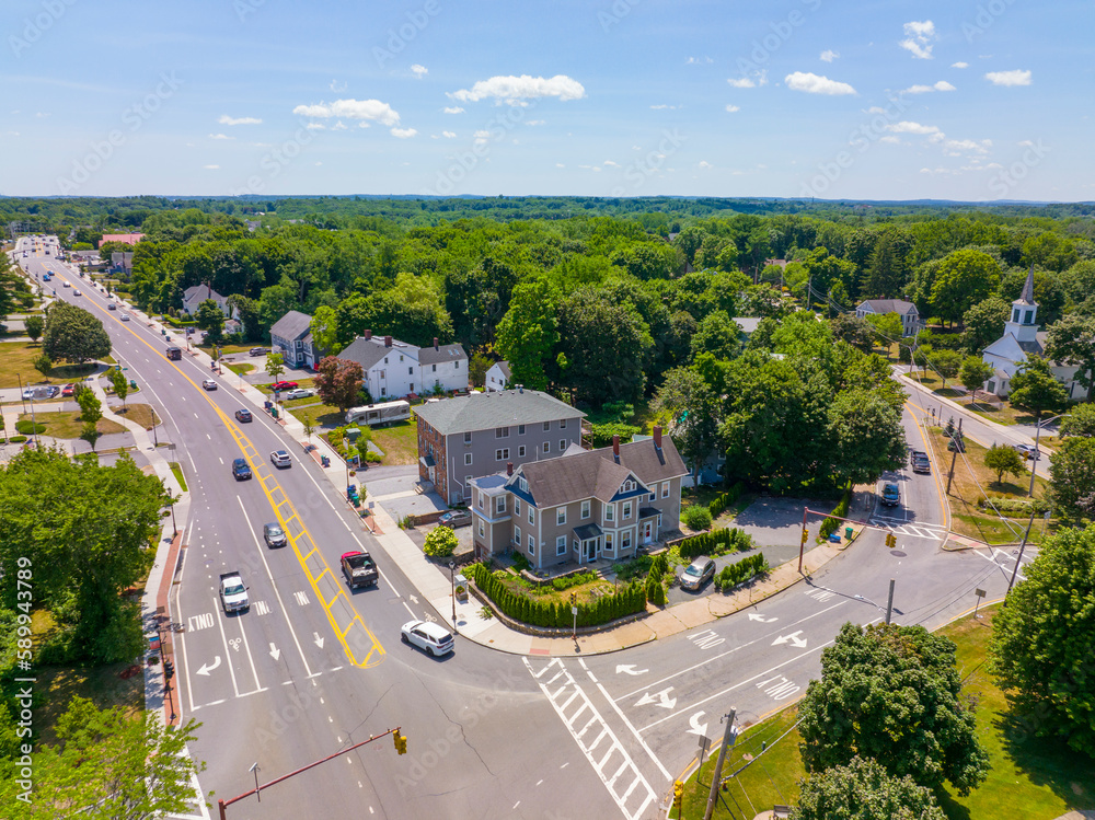 Historic commercial buildings aerial view on Boston Road at Boston Common in historic town center of Billerica, Massachusetts MA, USA. 