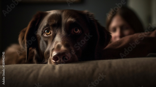 A brown dog lies on a couch