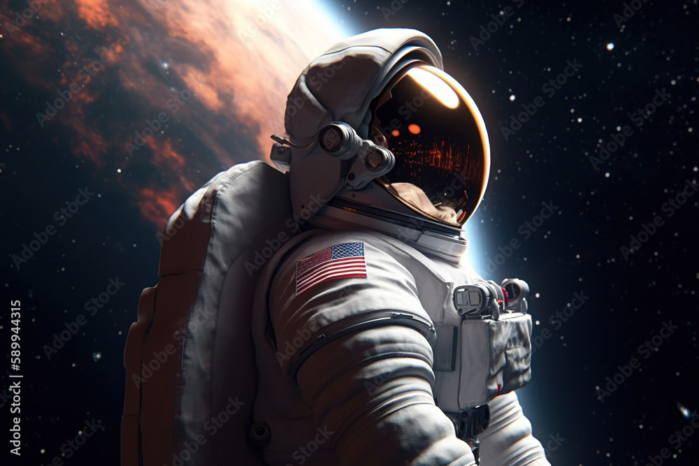 AI generated image of an astronaut floating in space, planet in the background