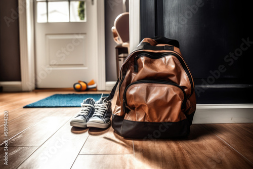 School backpack on the floor. Ai generative