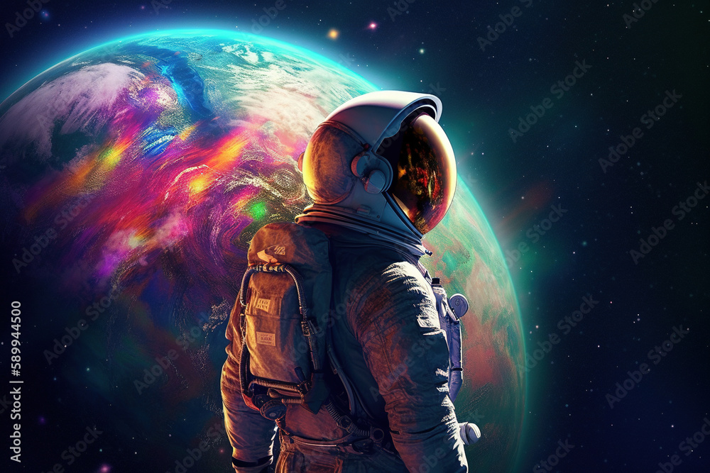 Naklejka premium Colorful illustrations of astronaut in space. Cosmos of galaxies, Generate AI, planet in the background