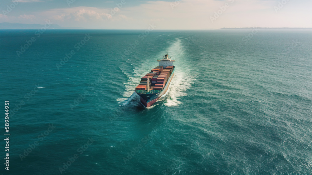 Aerial panorama of a cargo ship carrying container for import and export, business logistic and transportation in open sea with copy space. generative Ai