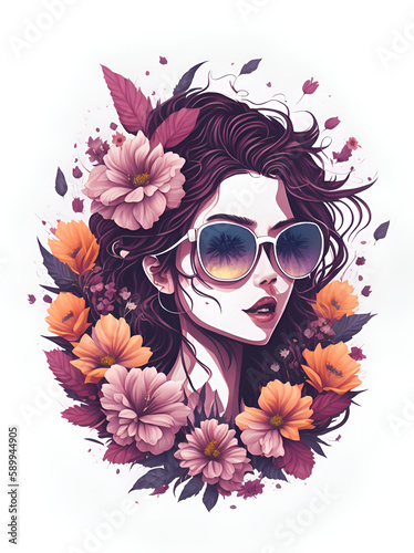 Beautiful girl wearing trendy sunglasses. AI generated illustration