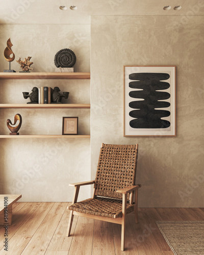 Australian minimalist composition of livingroom interior design with brown wicker armchair. Mockup template white poster wall. Modern home decor. 3d rendering. High quality 3d illustration