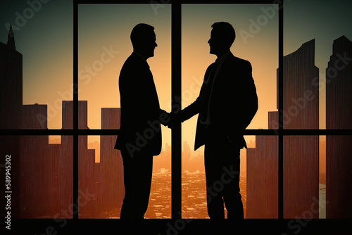 Silhouettes of business people talking, shaking hands, discussing, meeting, networking