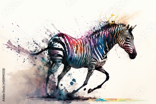 Watercolor of a Zebra in aquarelle style with paint splatters background. Wild Animals paint splatters white background, Generative AI © thanakrit